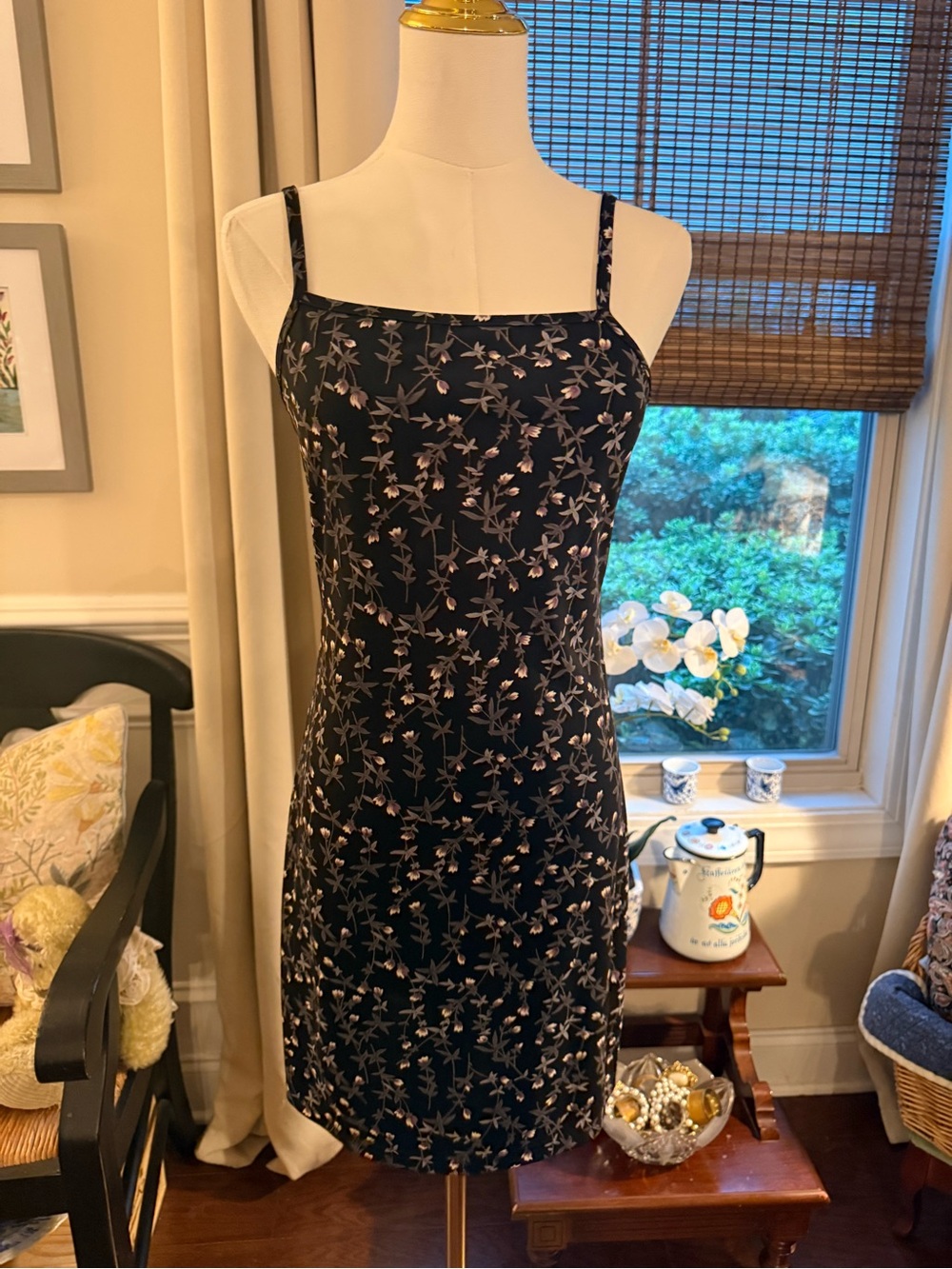 Vintage 90s Black Floral Slip Mini Dress with Pink Botanical Accents